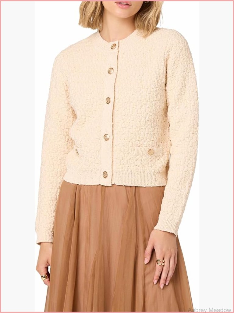 Cream Textured Boucle Long Sleeve Cardigan With Gold Buttons